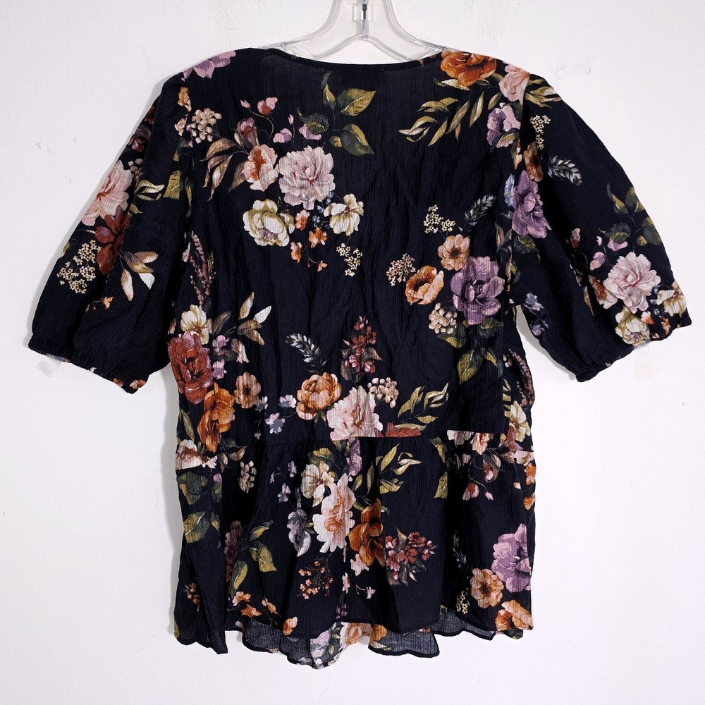 Laura Ashley Crinkled Blouse Womens Size XL Black Floral Peplum Tie Front EUC - Picture 5 of 9